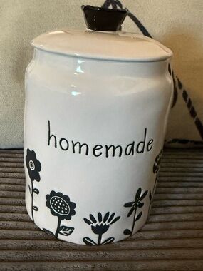 Rae Dunn White Ceramic 'homemade' Canister with Black Floral Design- NWT